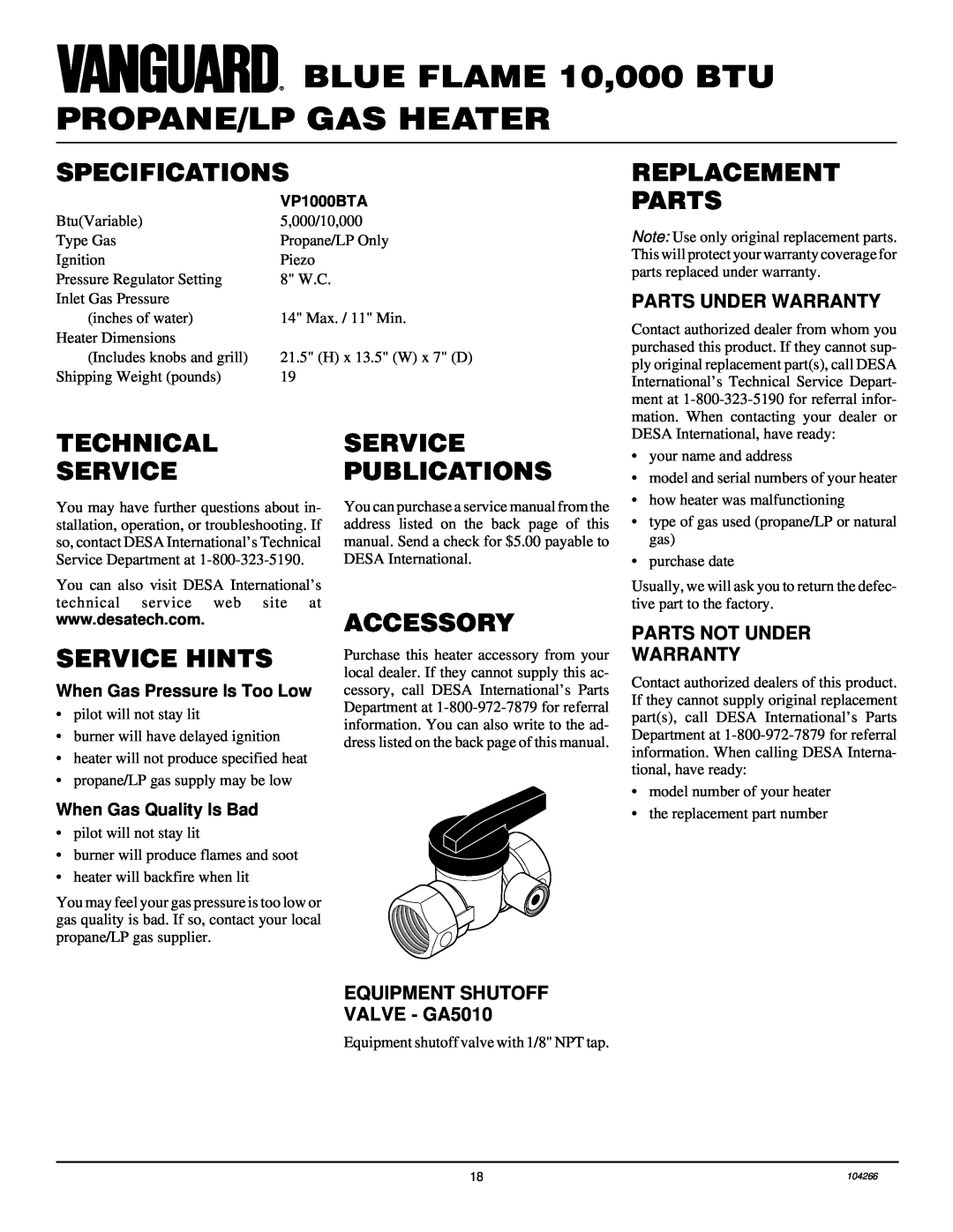 Desa VP1000BTA Specifications, Replacement Parts, Technical Service, Service Hints, Service Publications, Accessory 