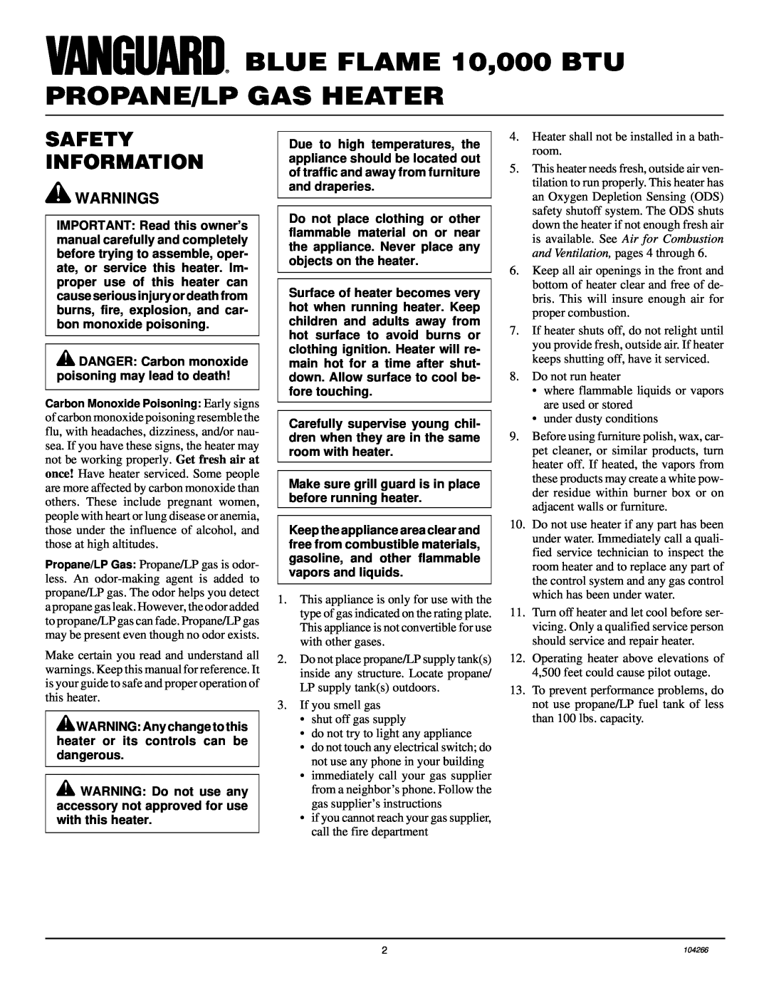 Desa VP1000BTA installation manual BLUE FLAME 10,000 BTU PROPANE/LP GAS HEATER, Safety Information, Warnings 