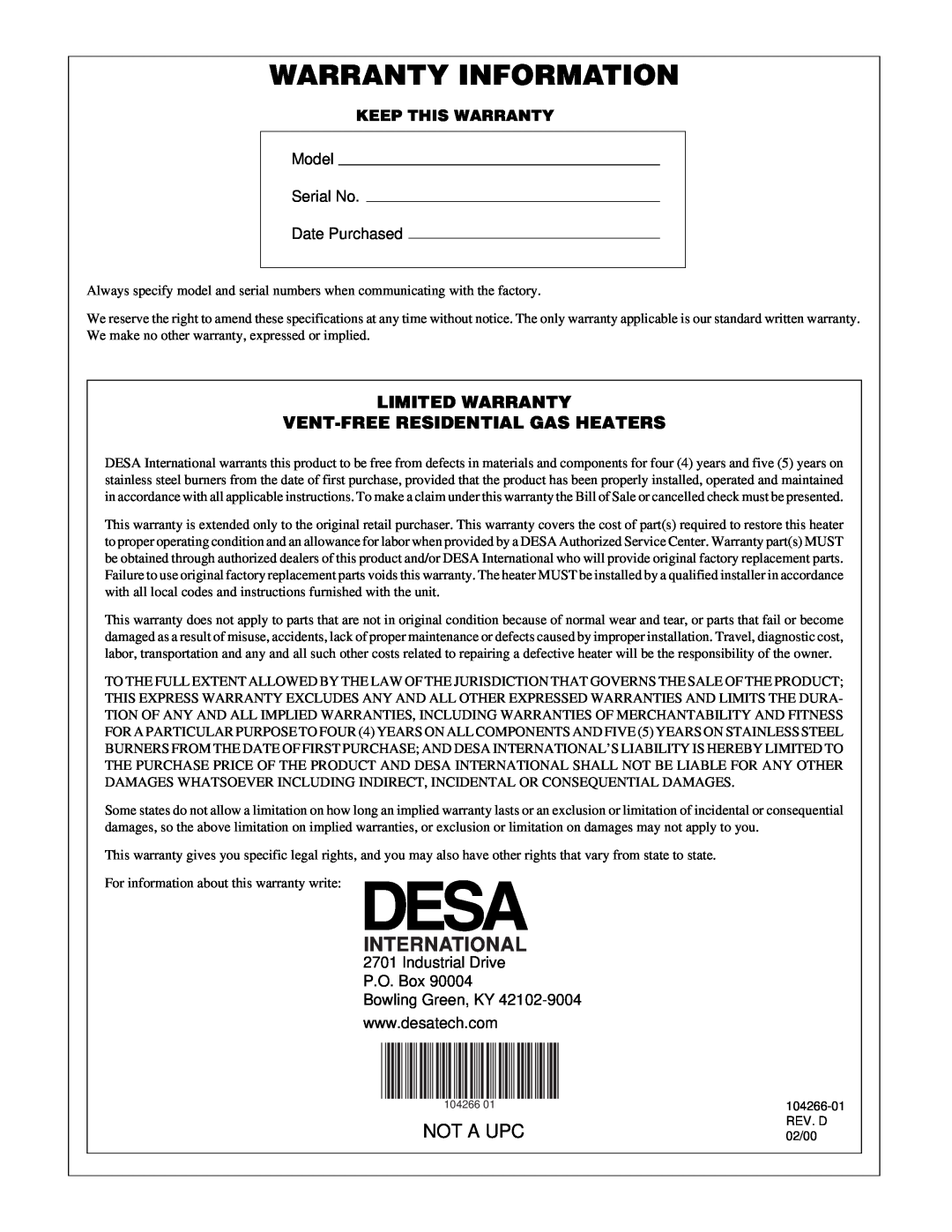 Desa VP1000BTA installation manual Warranty Information, International, Not A Upc, Model Serial No Date Purchased 