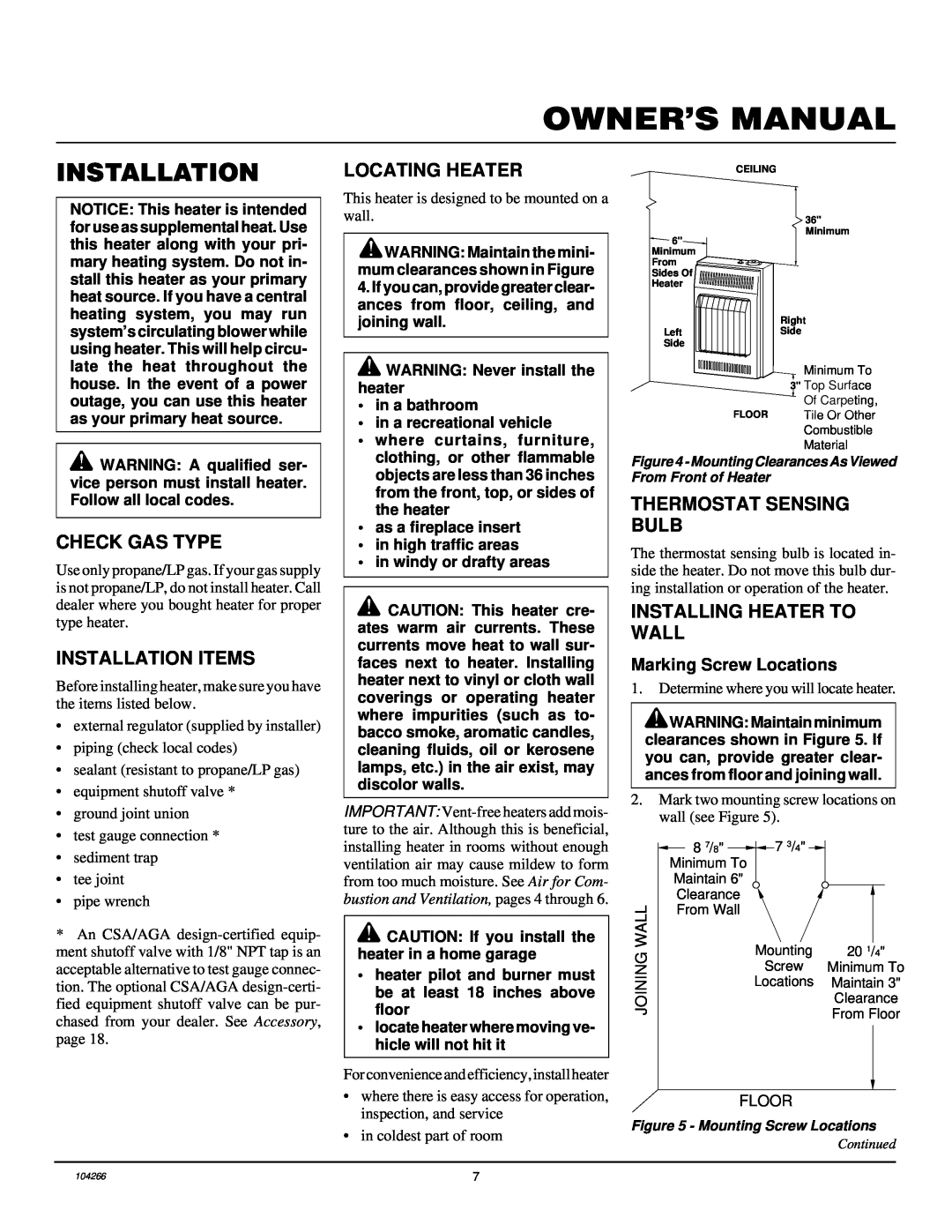 Desa VP1000BTA Check Gas Type, Installation Items, Locating Heater, Thermostat Sensing Bulb, Installing Heater To Wall 
