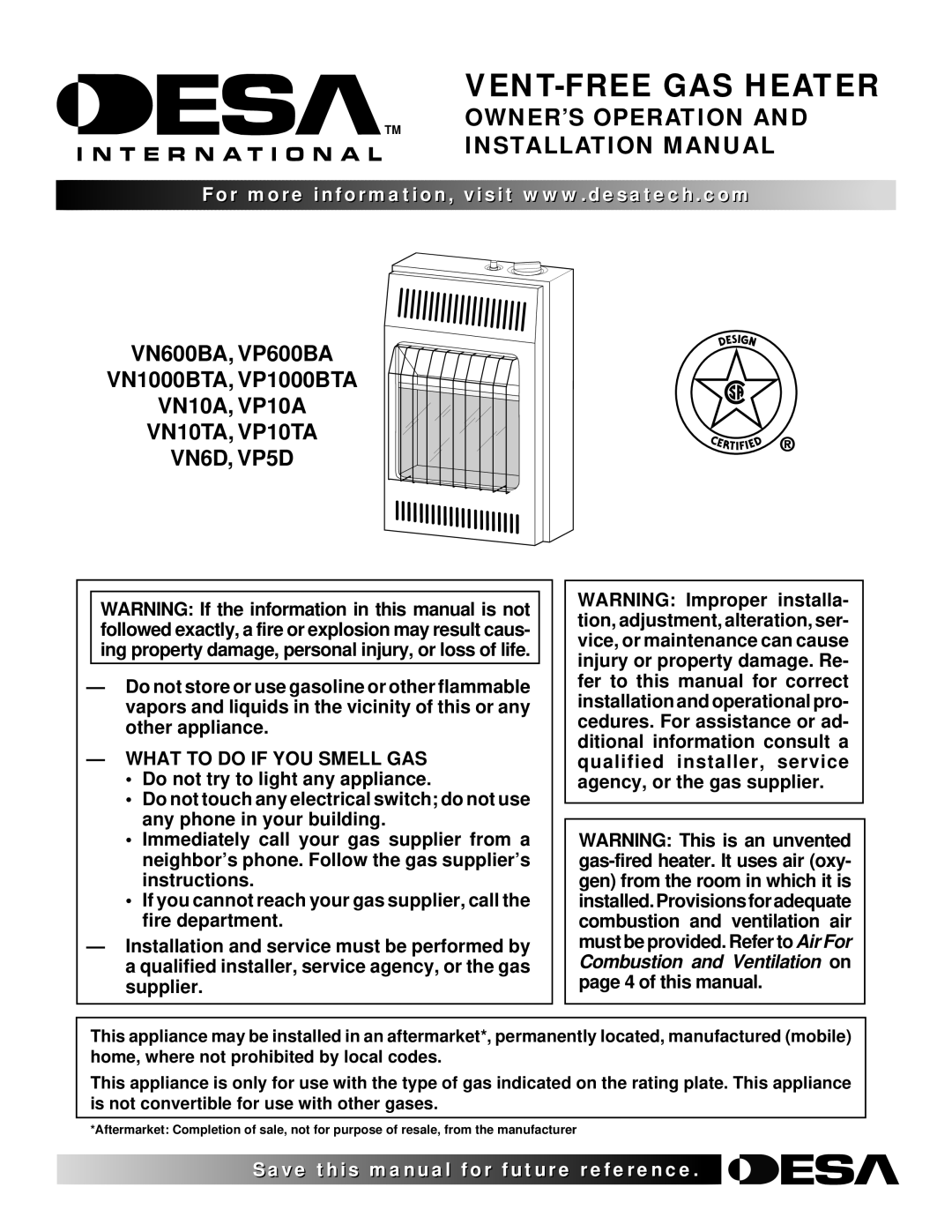 Desa VP10TA VN6D, VP10A VN10TA installation manual VENT-FREE GAS Heater, What to do if YOU Smell GAS 