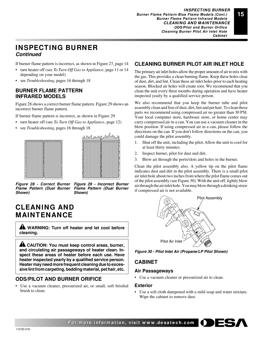 Desa VP10TA VN6D Cleaning Maintenance, Burner Flame Pattern Infrared Models, ODS/PILOT and Burner Orifice, Cabinet 