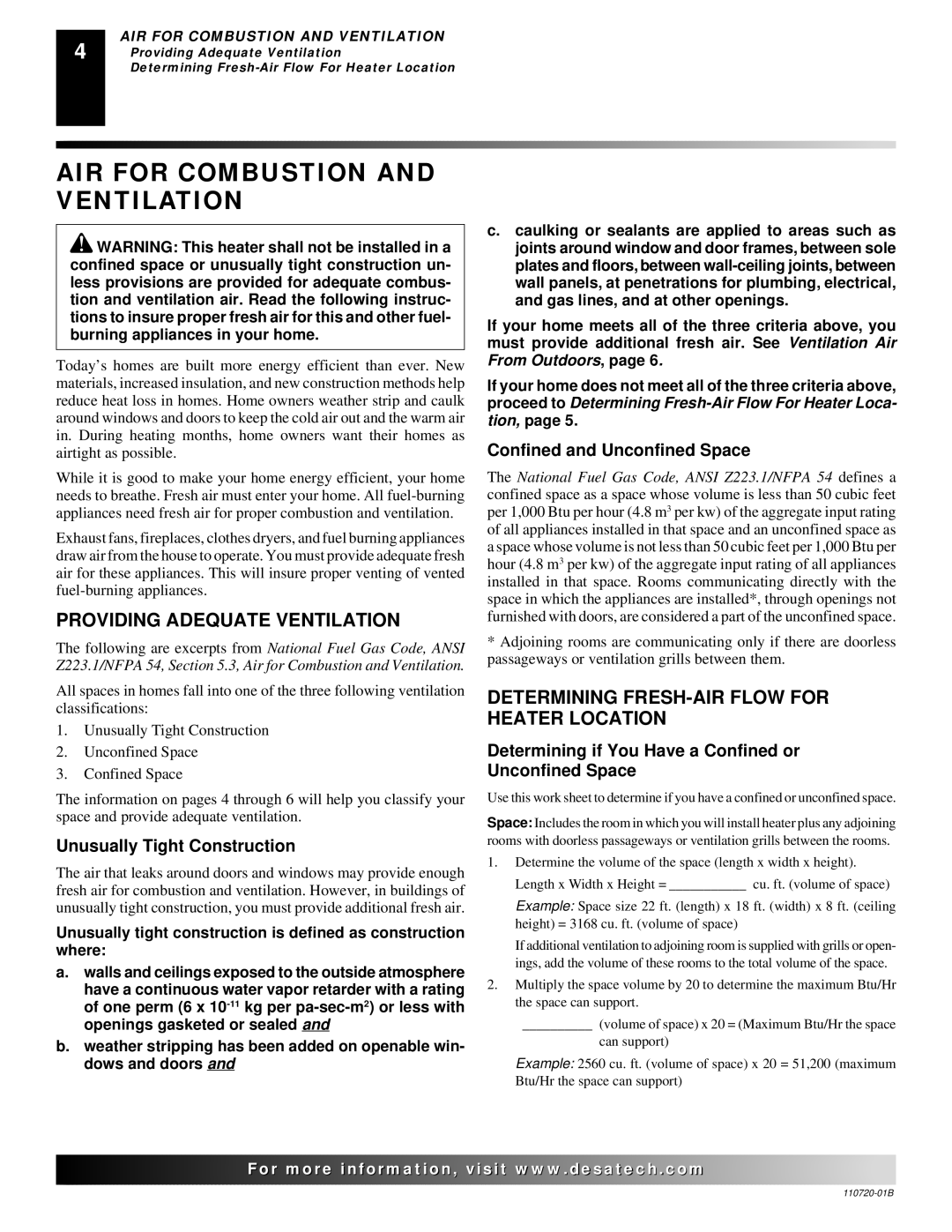 Desa VP10A VN10TA AIR for Combustion and Ventilation, Providing Adequate Ventilation, Confined and Unconfined Space 