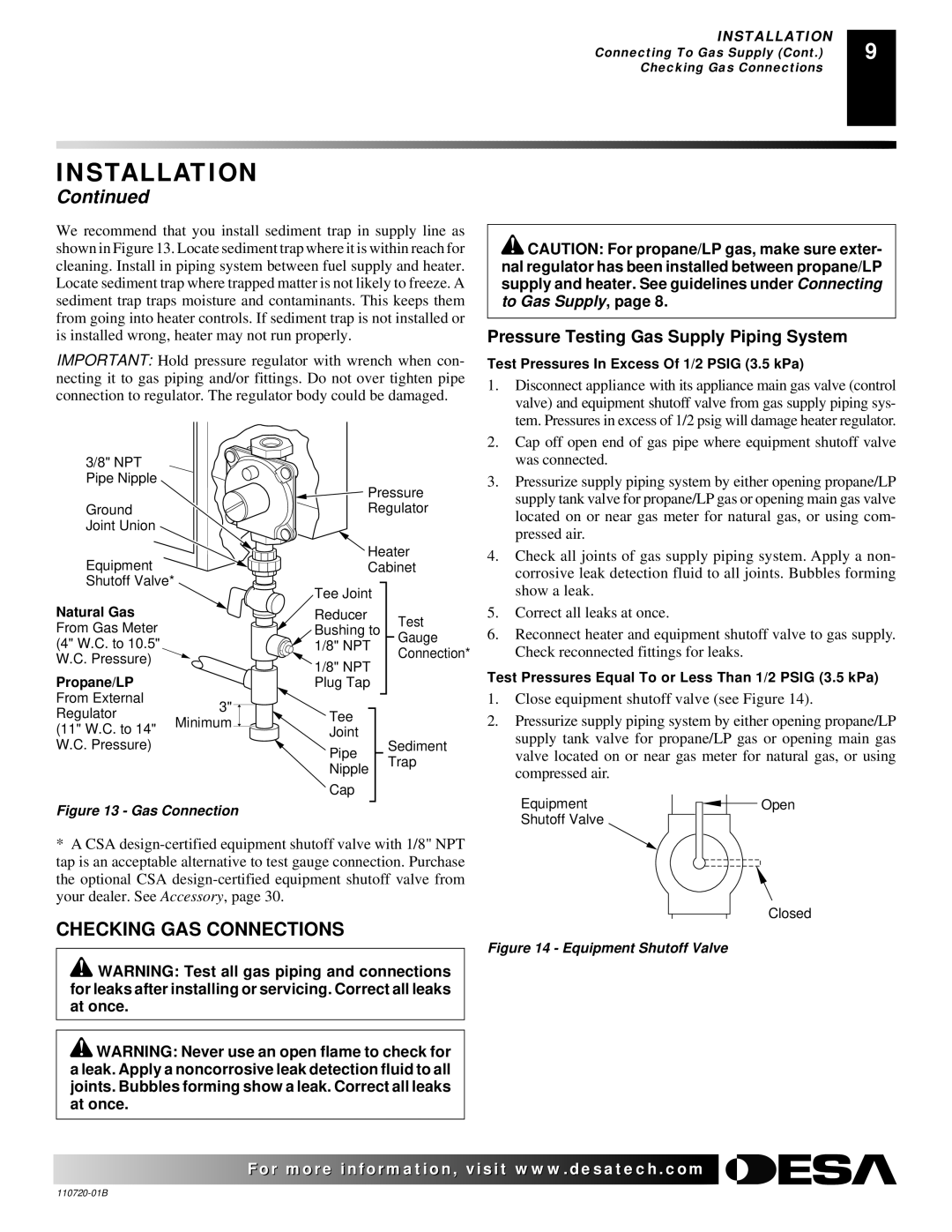 Desa VP10TA VN6D, VP10A VN10TA installation manual Checking GAS Connections, Pressure Testing Gas Supply Piping System 