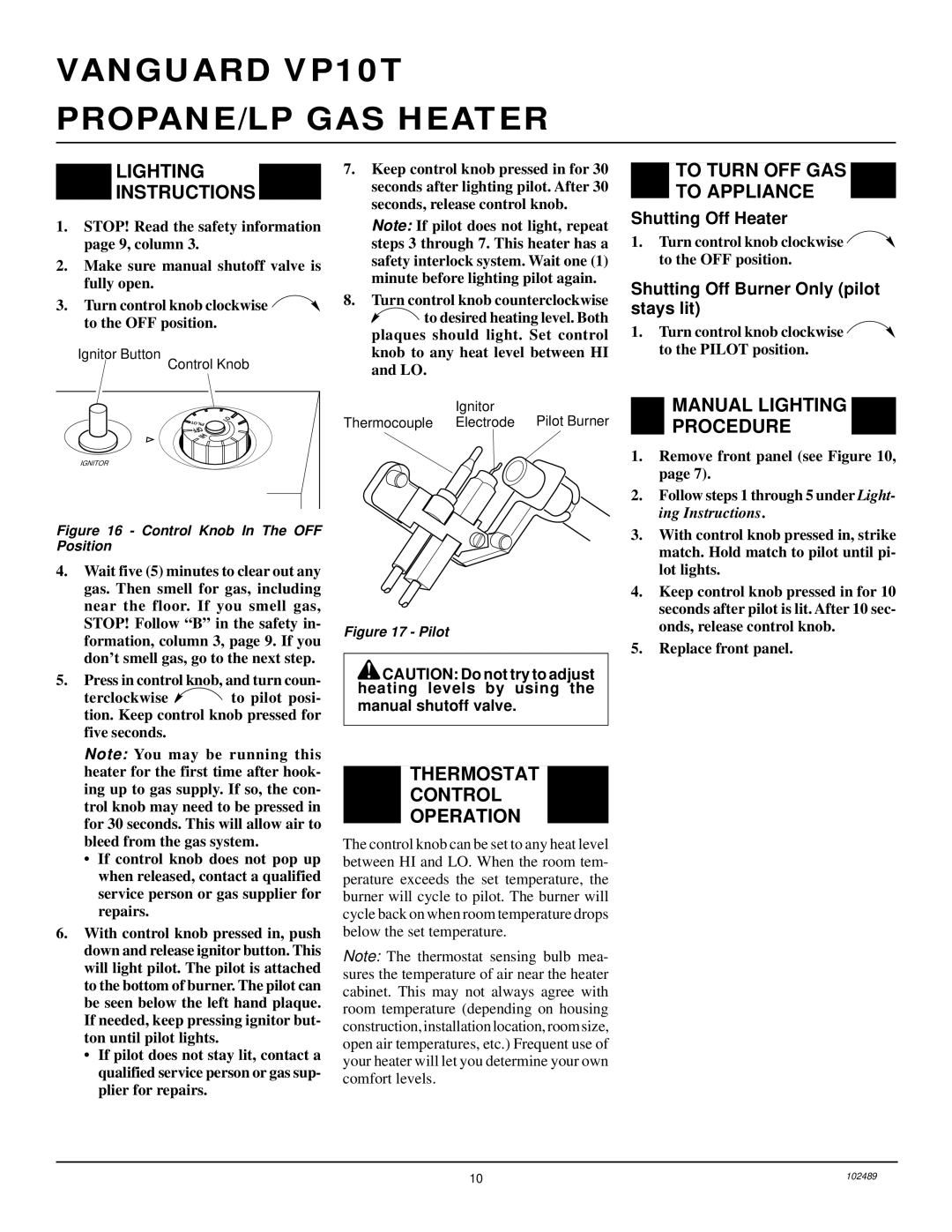 Desa VP10T Lighting Instructions, To Turn OFF GAS To Appliance, Manual Lighting Procedure, Thermostat Control Operation 