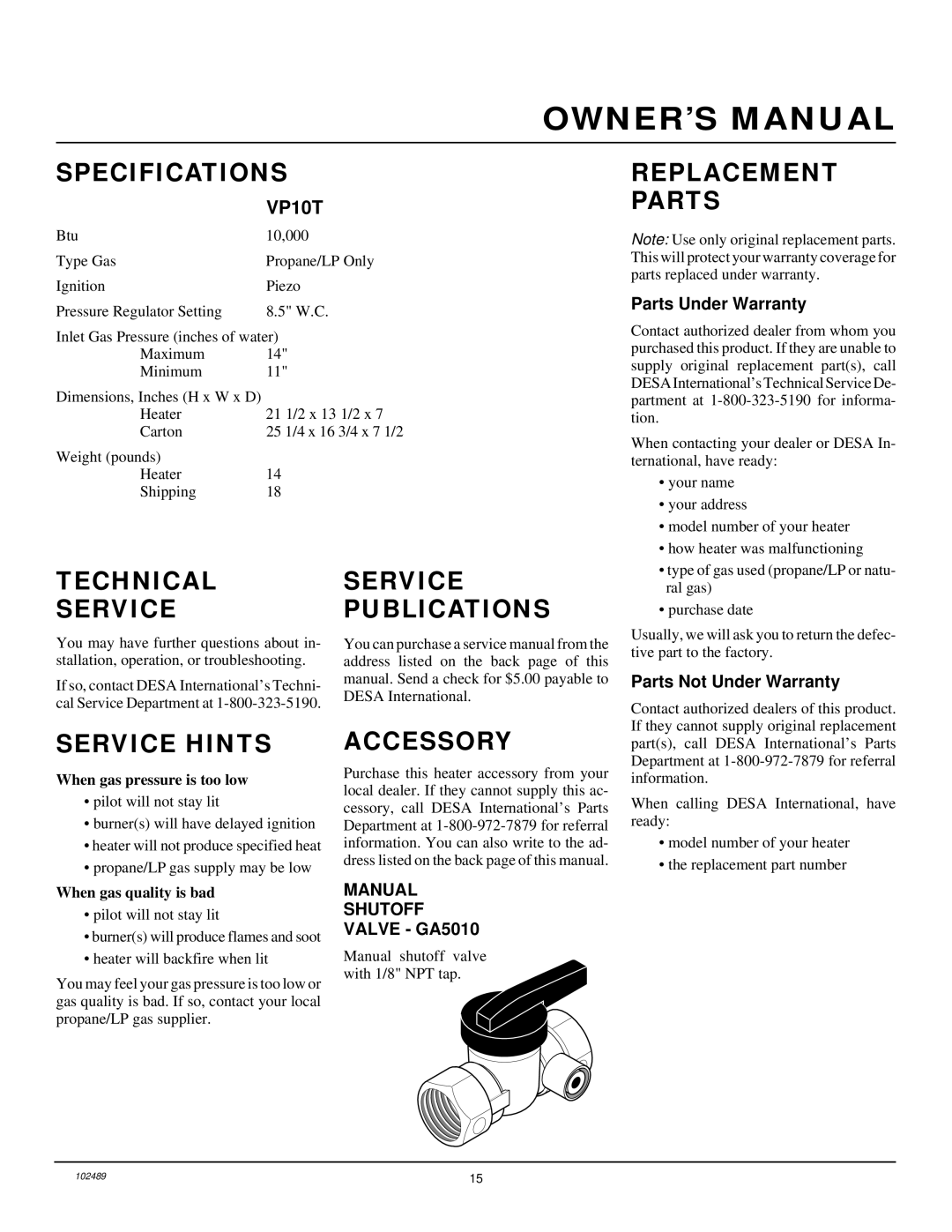 Desa VP10T installation manual Specifications, Technical Service Publications, Replacement Parts, Service Hints, Accessory 