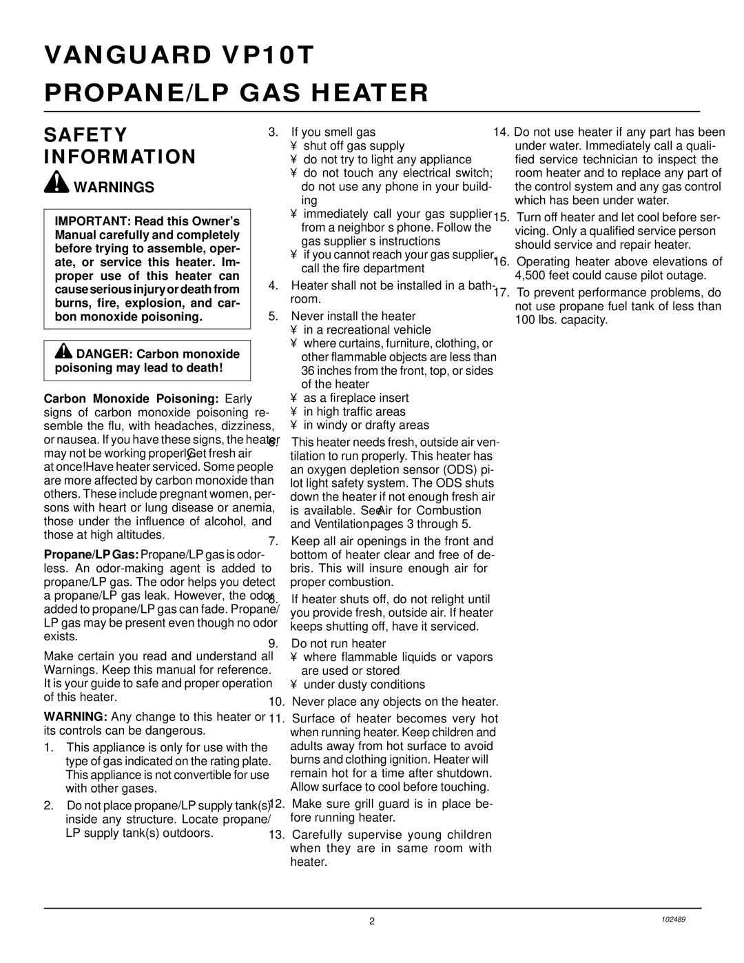 Desa installation manual Vanguard VP10T PROPANE/LP GAS Heater, Safety Information 