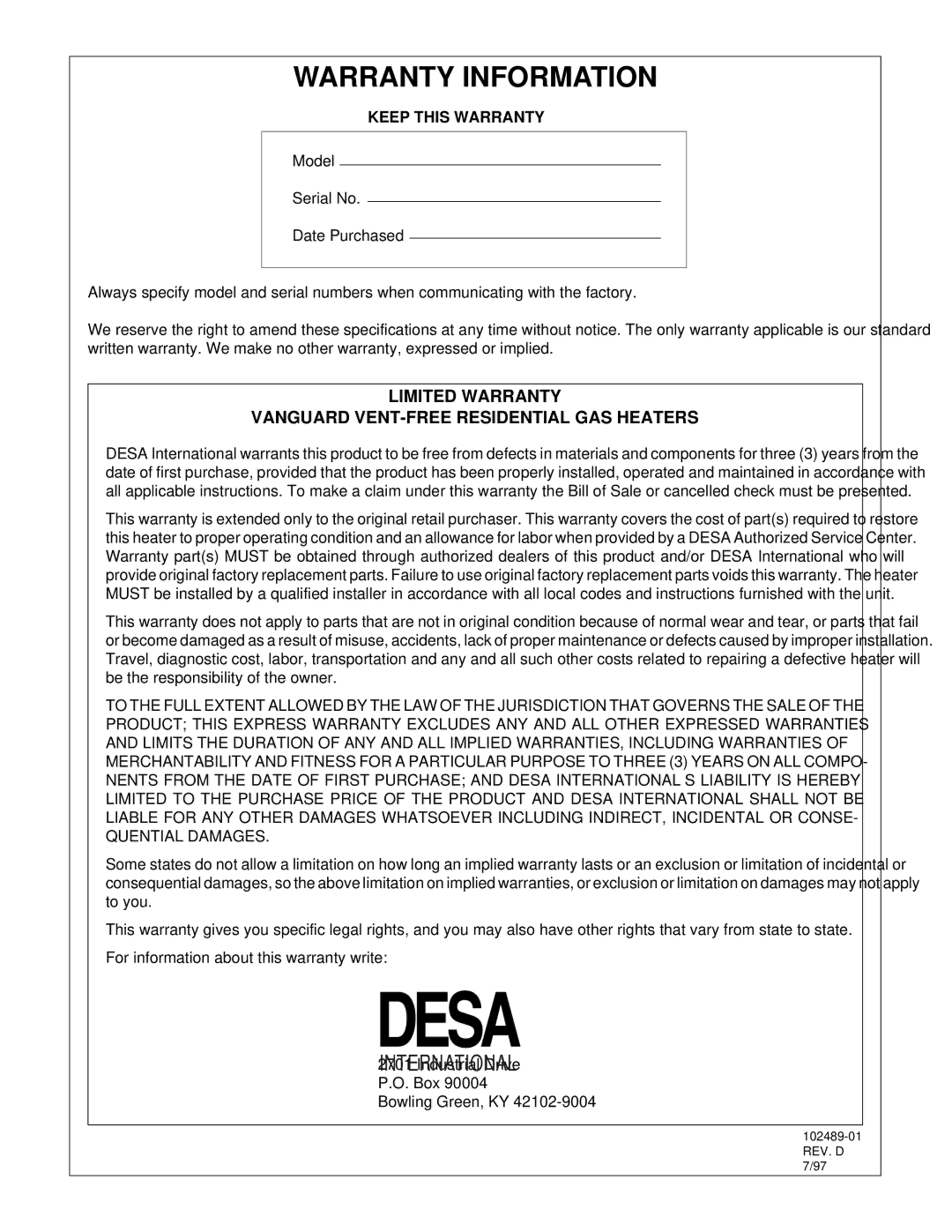 Desa VP10T installation manual Warranty Information, Limited Warranty Vanguard VENT-FREE Residential GAS Heaters 