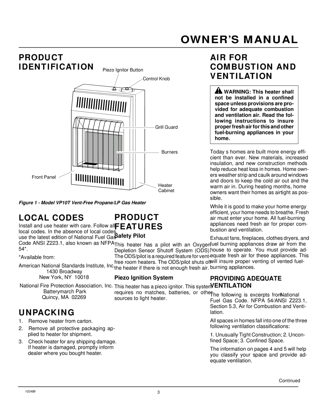 Desa VP10T installation manual AIR for Combustion and Ventilation, Local Codes, Product Features, Unpacking 