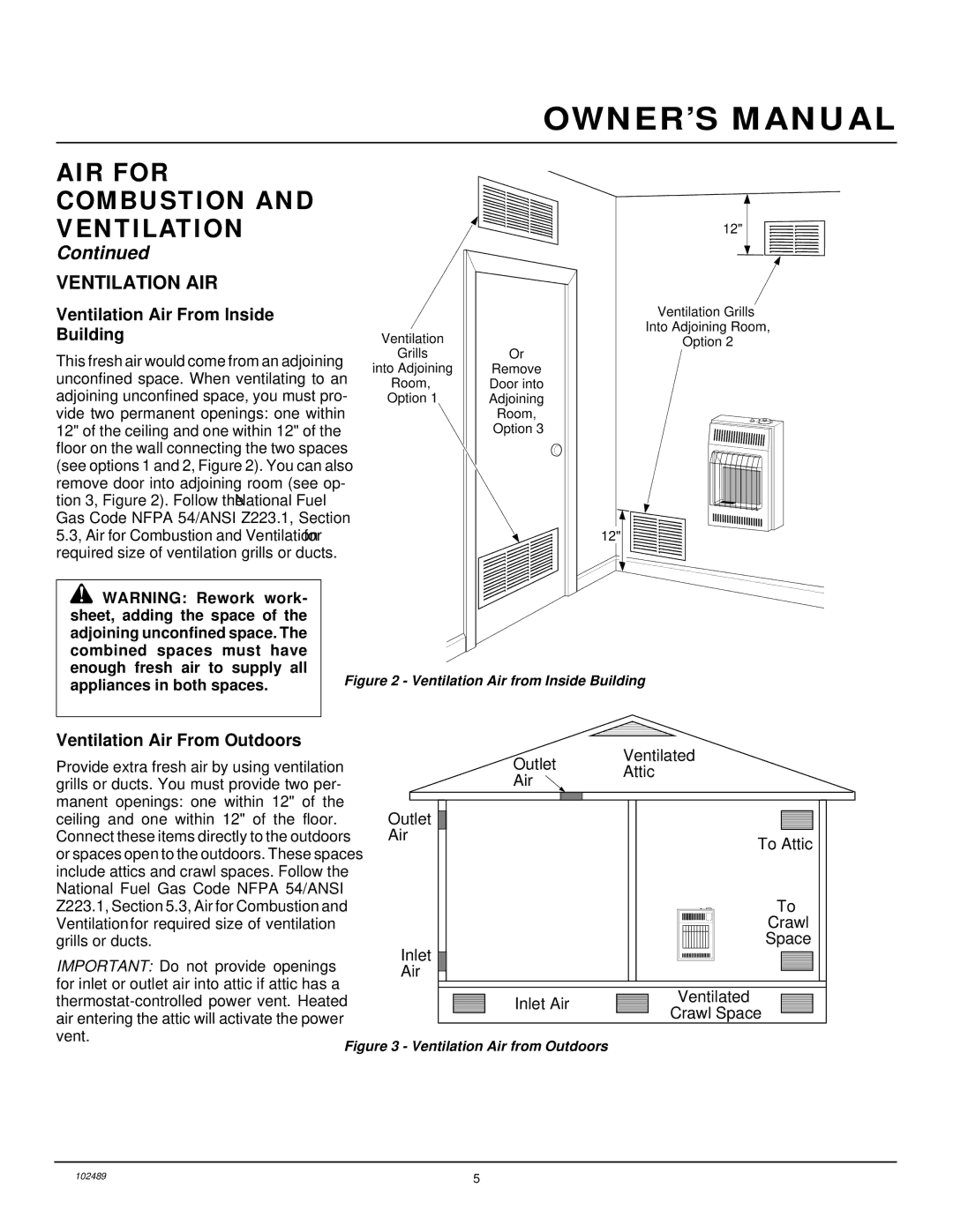 Desa VP10T installation manual Ventilation AIR, Ventilation Air From Inside Building, Ventilation Air From Outdoors 