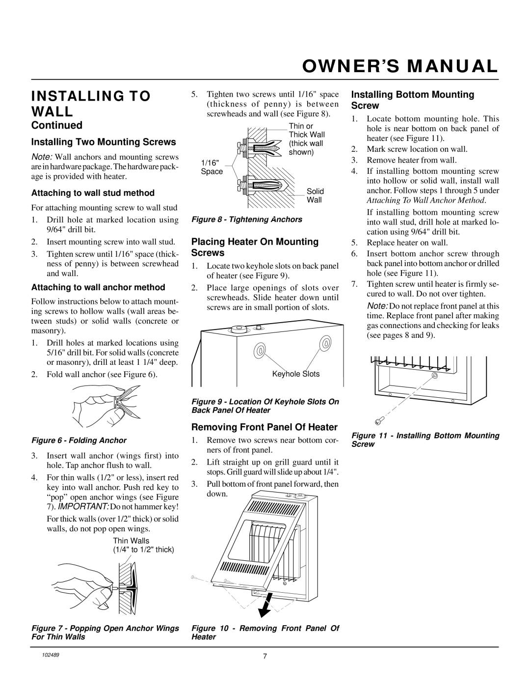 Desa VP10T installation manual Installing to Wall, Installing Two Mounting Screws, Placing Heater On Mounting Screws 