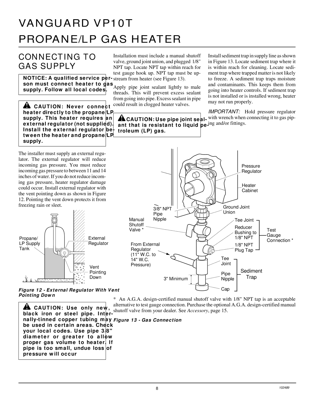 Desa VP10T installation manual Connecting to GAS Supply, Sediment Trap 