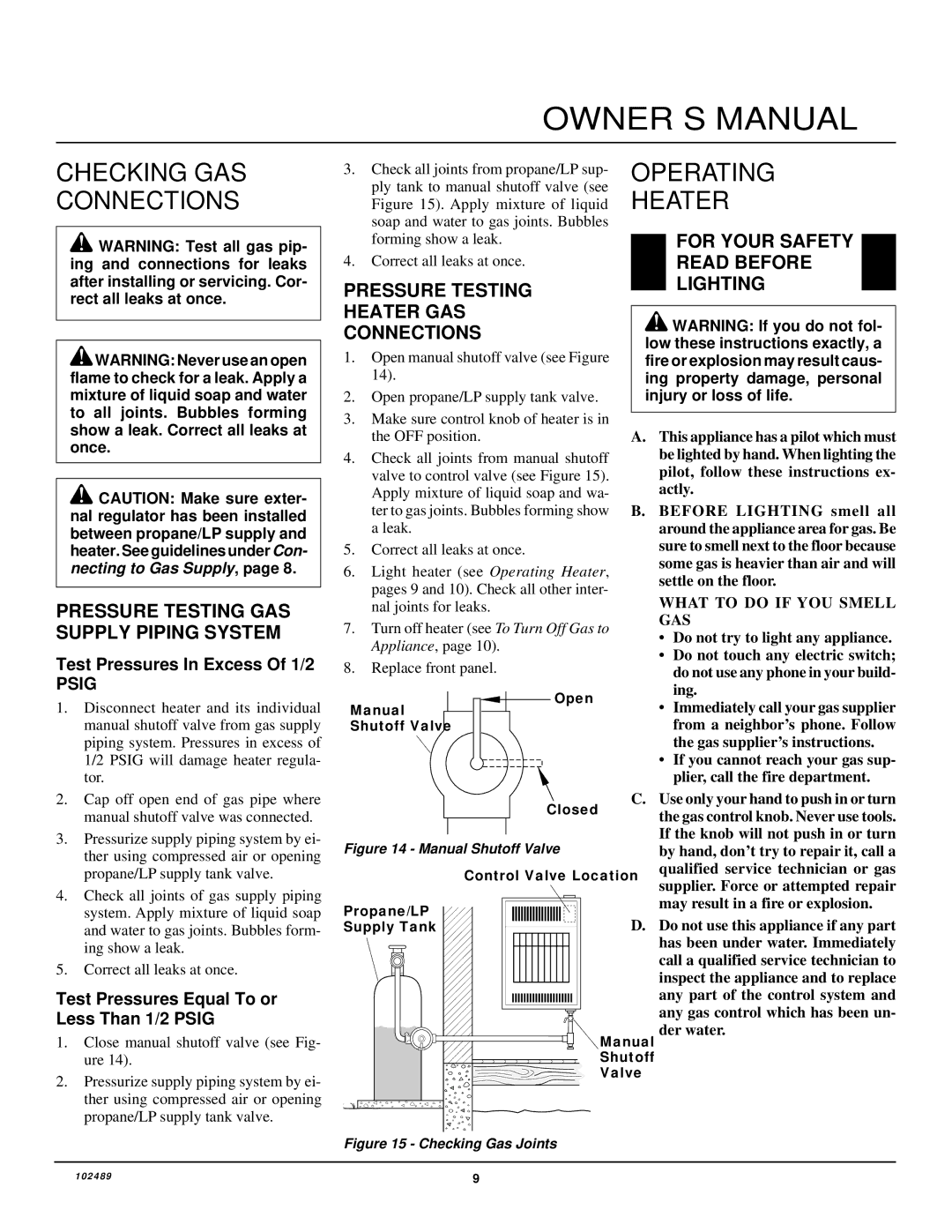 Desa VP10T installation manual Checking GAS Connections, Operating Heater, Pressure Testing GAS Supply Piping System 