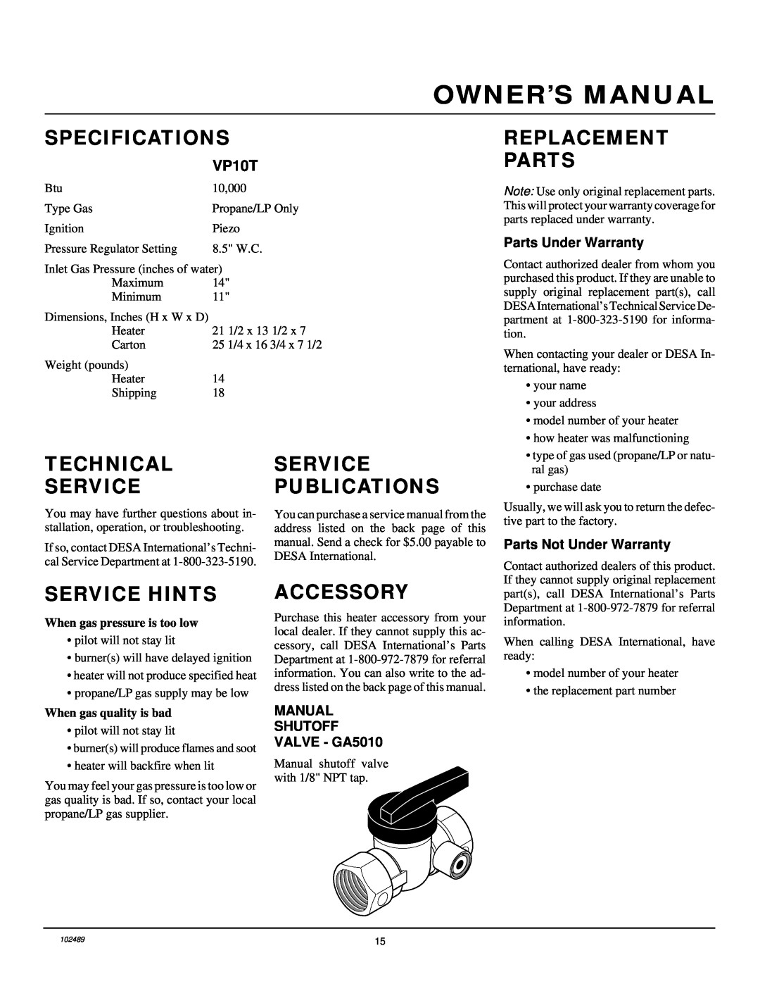 Desa VP10T Specifications, Technical, Publications, Replacement Parts, Service Hints, Accessory, Parts Under Warranty 