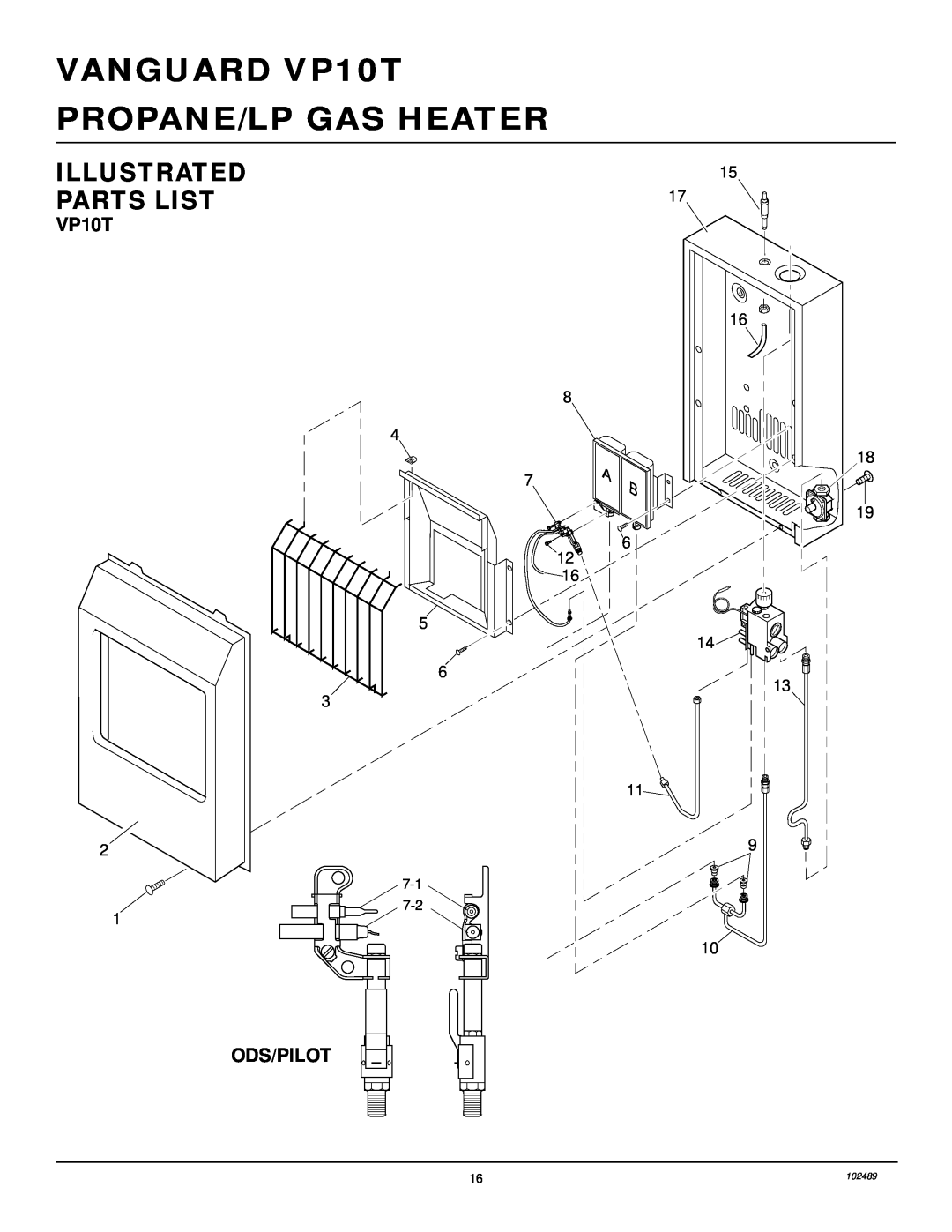 Desa installation manual Illustrated Parts List, Ods/Pilot, VANGUARD VP10T PROPANE/LP GAS HEATER, 102489 