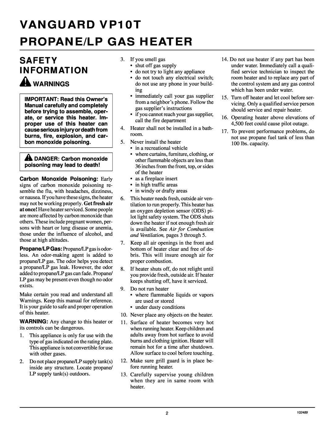Desa installation manual VANGUARD VP10T PROPANE/LP GAS HEATER, Safety Information, Warnings 