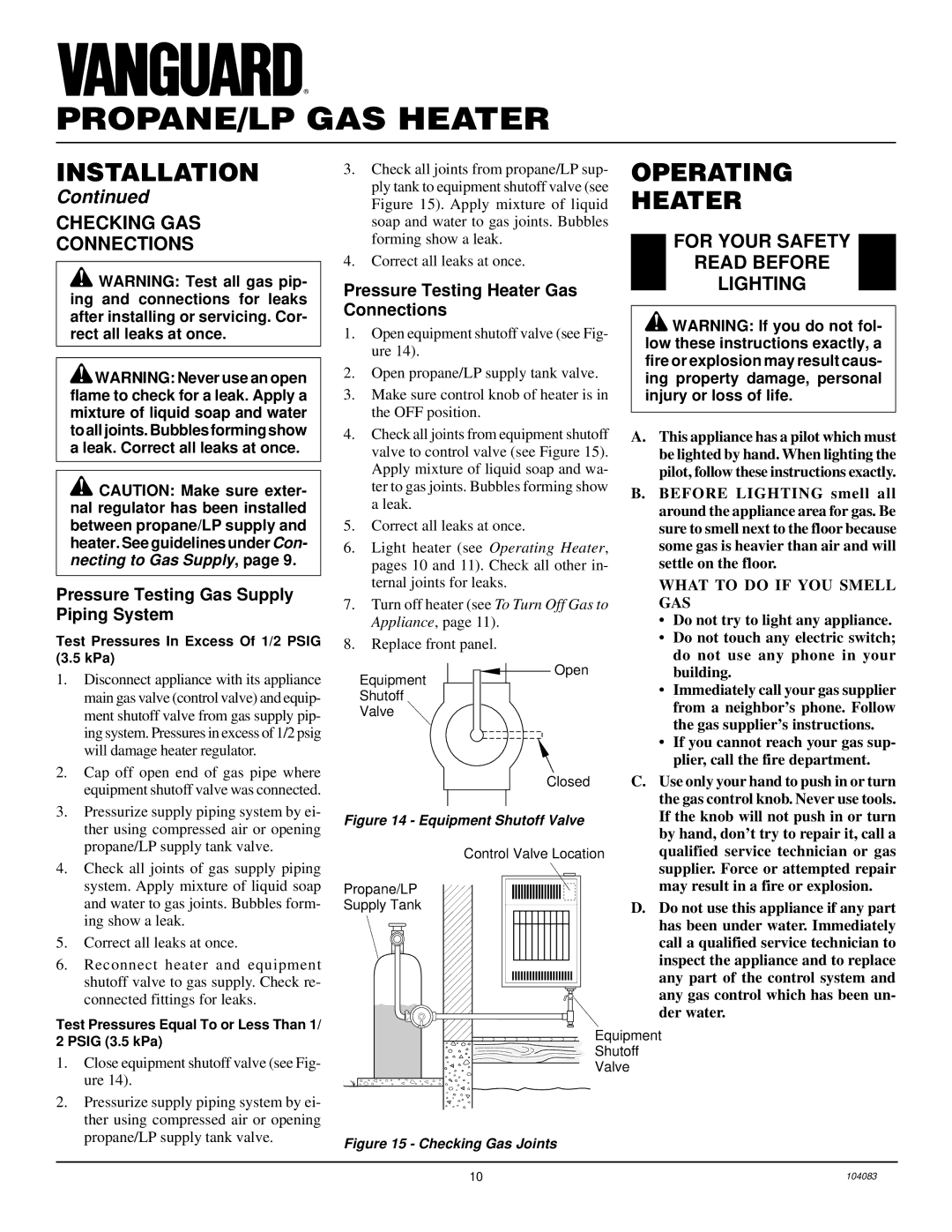 Desa VP10TA installation manual Operating Heater, Checking GAS Connections, For Your Safety Read Before Lighting 