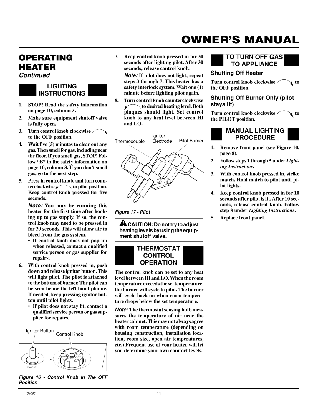 Desa VP10TA Lighting Instructions, Thermostat Control Operation, To Turn OFF GAS To Appliance, Manual Lighting Procedure 