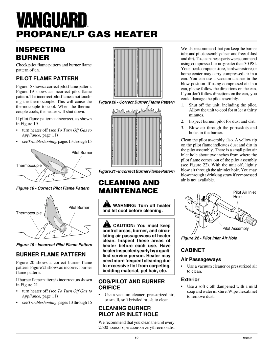 Desa VP10TA installation manual Inspecting Burner, Cleaning and Maintenance 