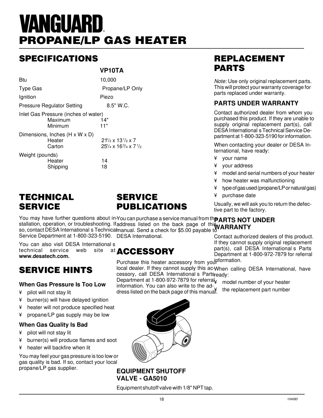 Desa VP10TA Specifications, Replacement Parts, Technical Service Servicepublications, Service Hints, Accessory 