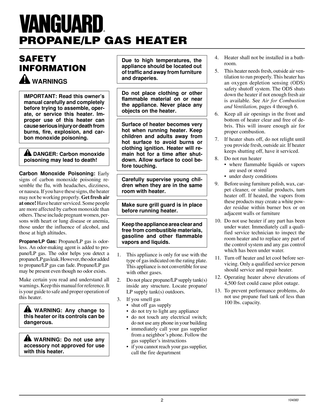 Desa VP10TA installation manual PROPANE/LP GAS Heater, Safety Information 