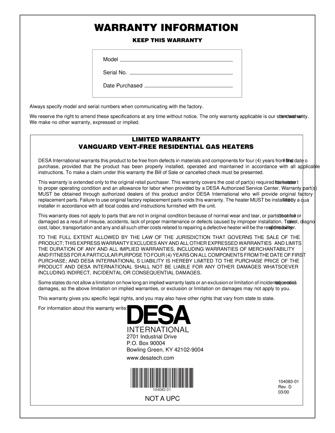 Desa VP10TA installation manual Warranty Information 