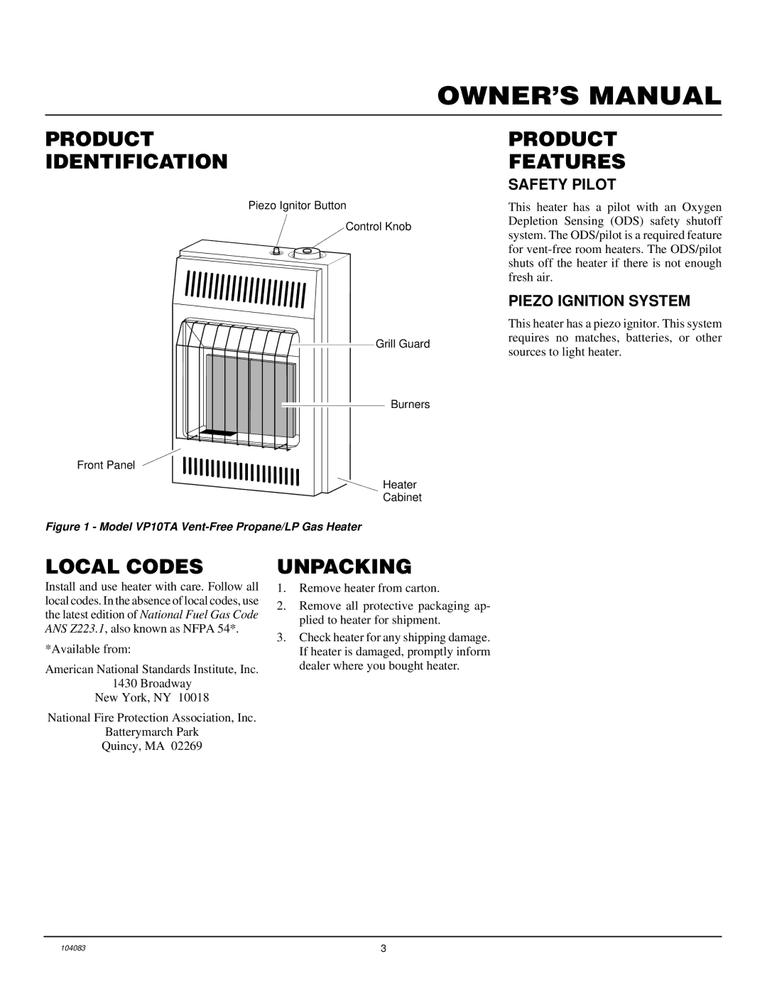 Desa VP10TA installation manual Product Identification, Product Features, Local Codes, Unpacking 