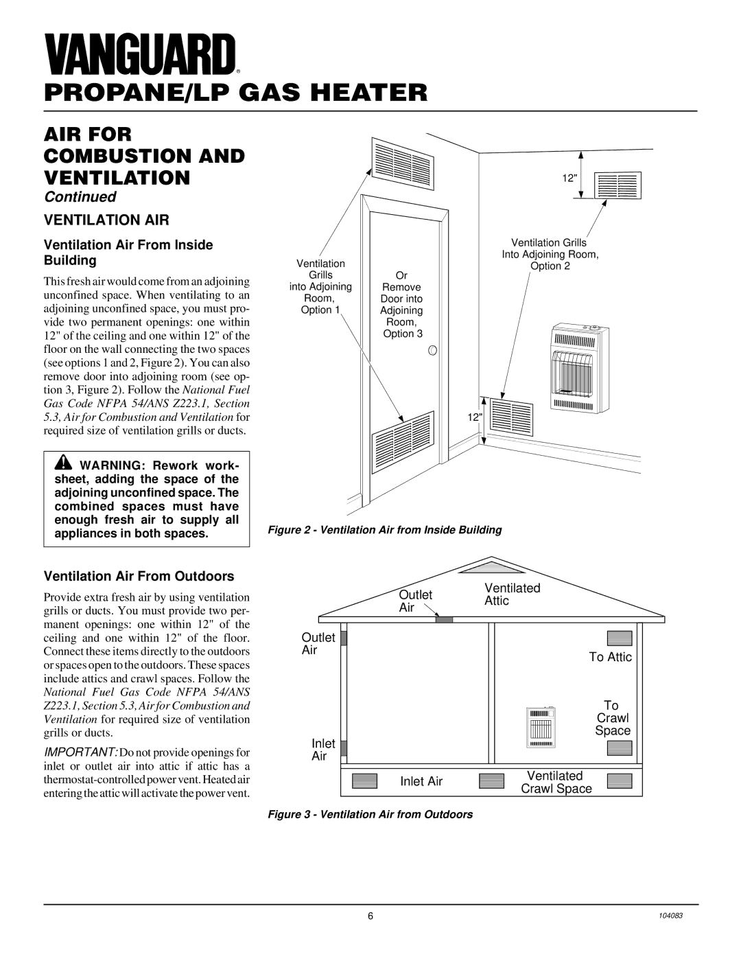 Desa VP10TA installation manual Ventilation AIR, Ventilation Air From Inside Building, Ventilation Air From Outdoors 