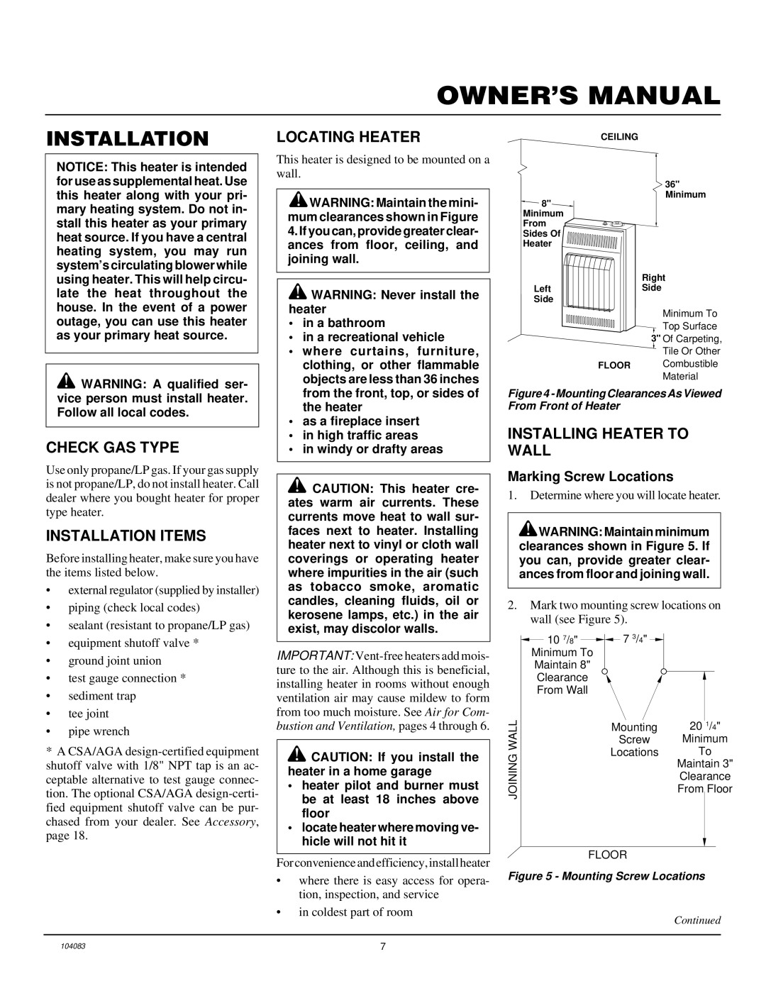 Desa VP10TA installation manual Check GAS Type, Installation Items, Locating Heater, Installing Heater to Wall 