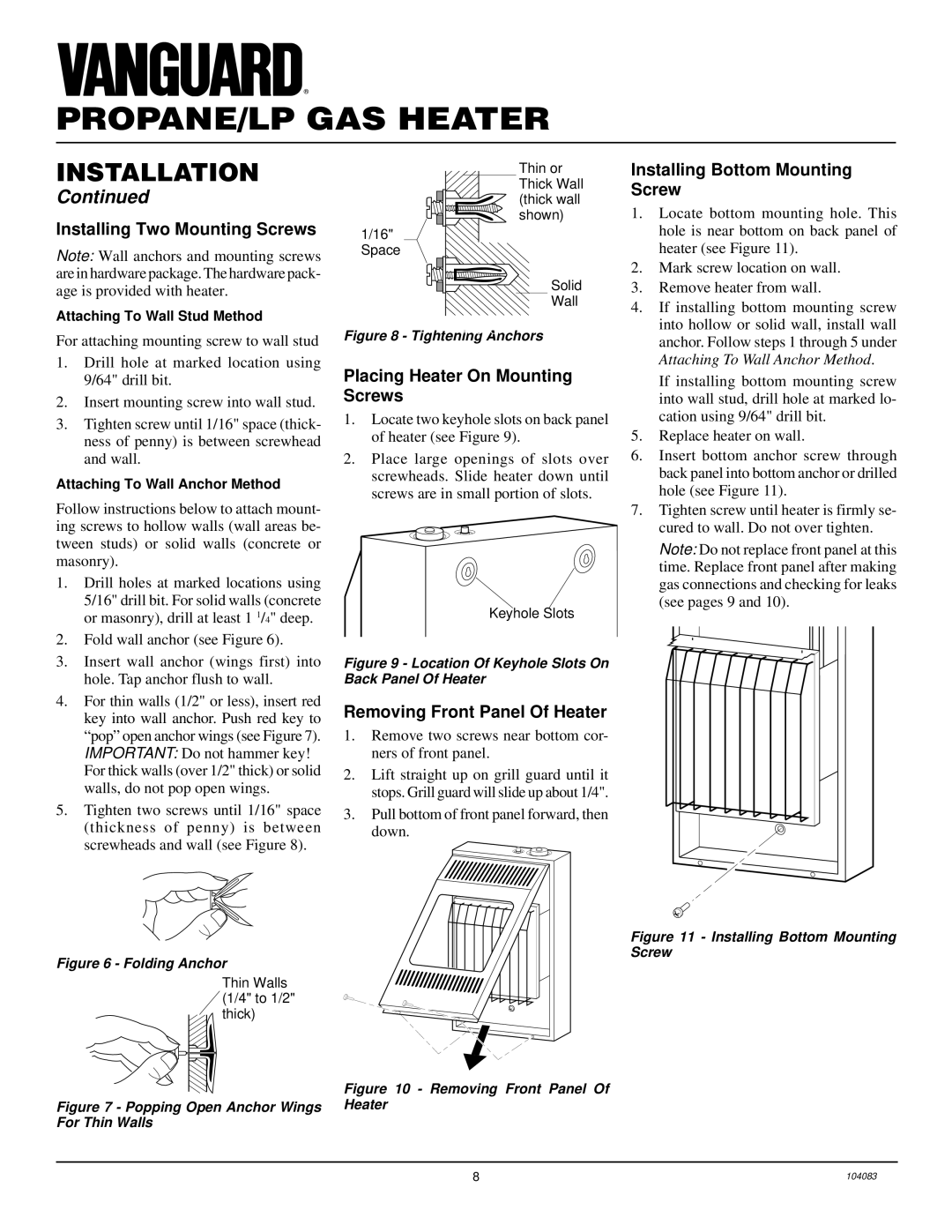 Desa VP10TA Installing Two Mounting Screws, Placing Heater On Mounting Screws, Removing Front Panel Of Heater 