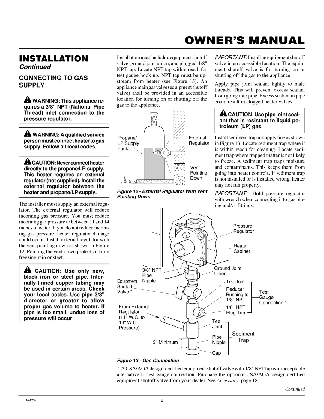 Desa VP10TA installation manual Connecting to GAS Supply, Heater and propane/LP supply 