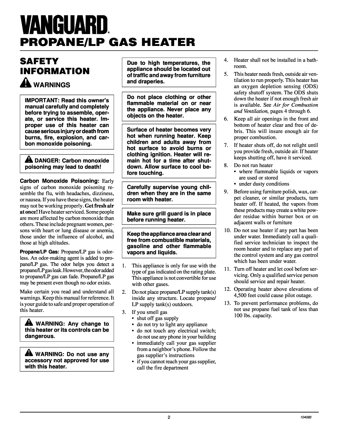 Desa VP10TA installation manual Propane/Lp Gas Heater, Safety Information, Warnings 