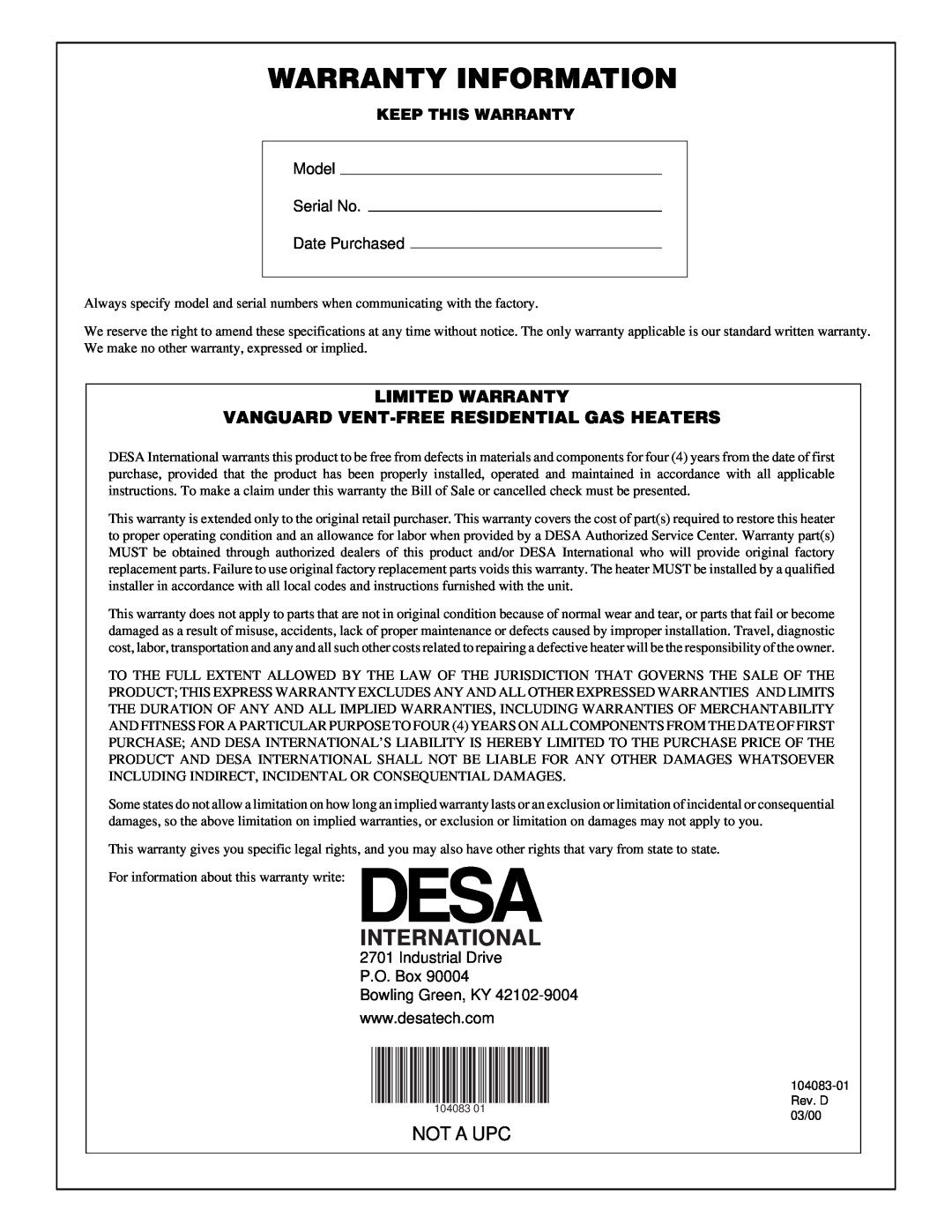 Desa VP10TA installation manual Not A Upc, Warranty Information, International, Model Serial No Date Purchased 