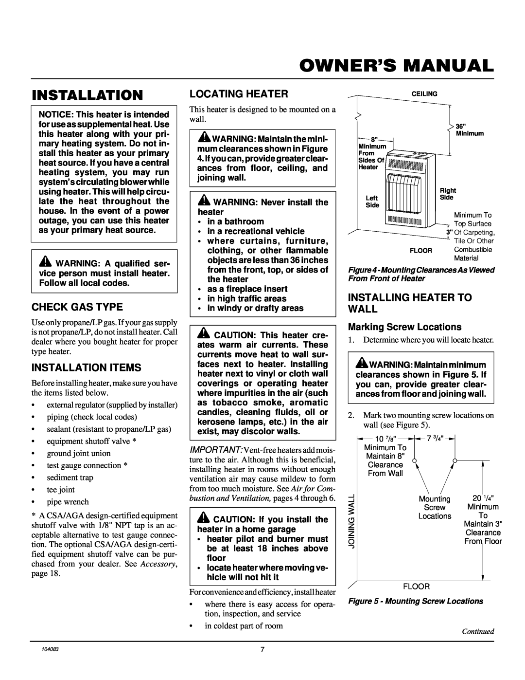 Desa VP10TA installation manual Check Gas Type, Installation Items, Locating Heater, Installing Heater To Wall 