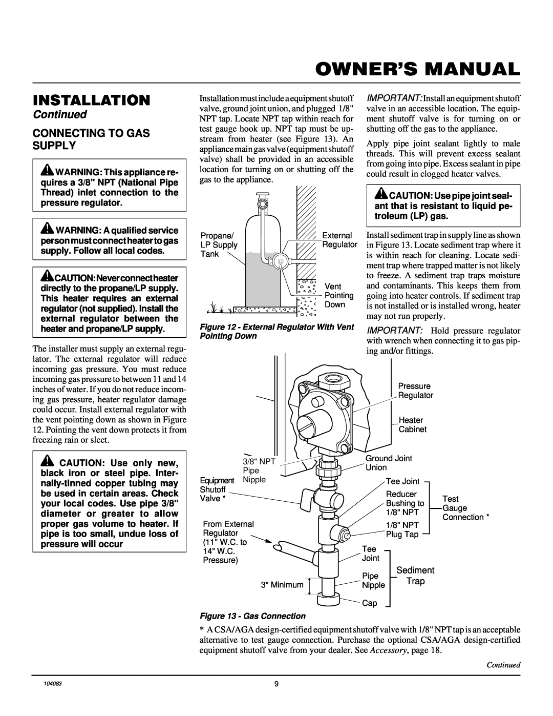 Desa VP10TA installation manual Connecting To Gas Supply, Installation, Continued 