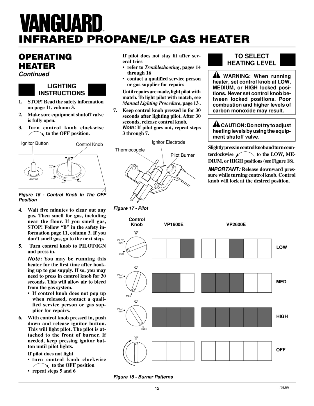 Desa VP1600E, VP2600E installation manual Lighting Instructions, To Select Heating Level 