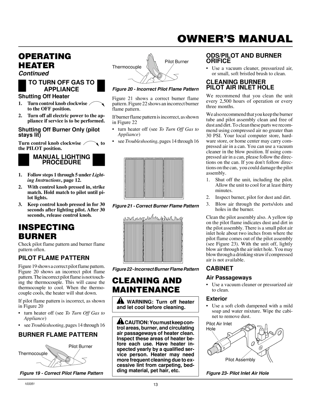 Desa VP2600E, VP1600E installation manual Inspecting Burner, Cleaning and Maintenance 