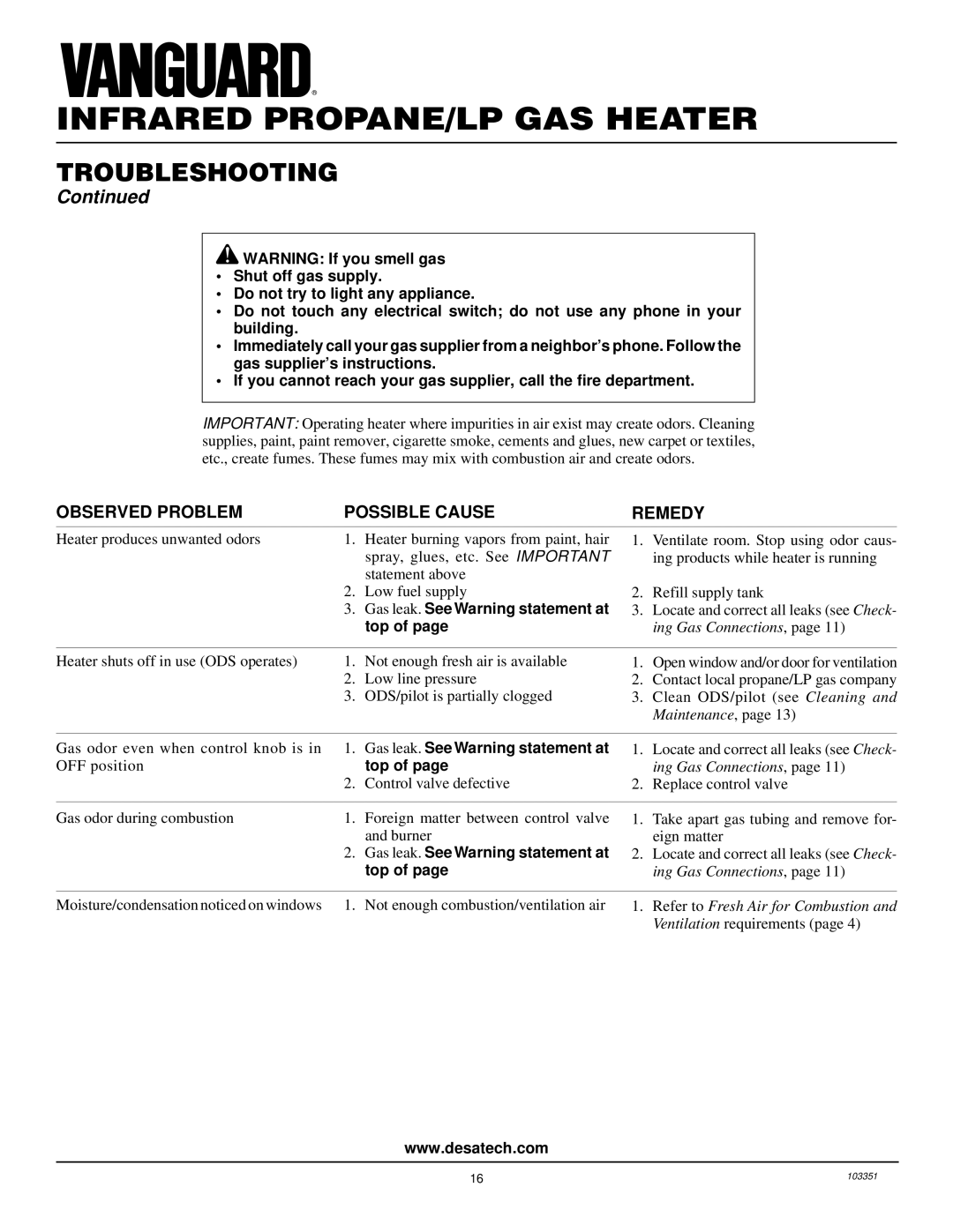 Desa VP1600E, VP2600E installation manual Top, Gas leak. See Warning statement at 