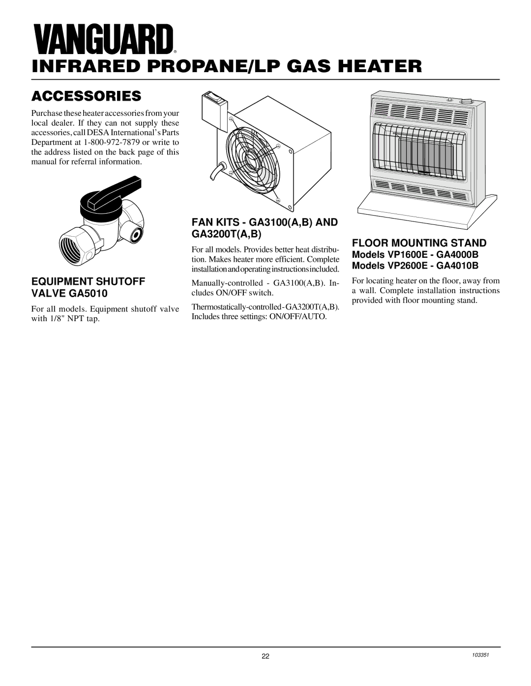 Desa VP1600E, VP2600E installation manual Accessories, Equipment Shutoff Valve GA5010, Floor Mounting Stand 