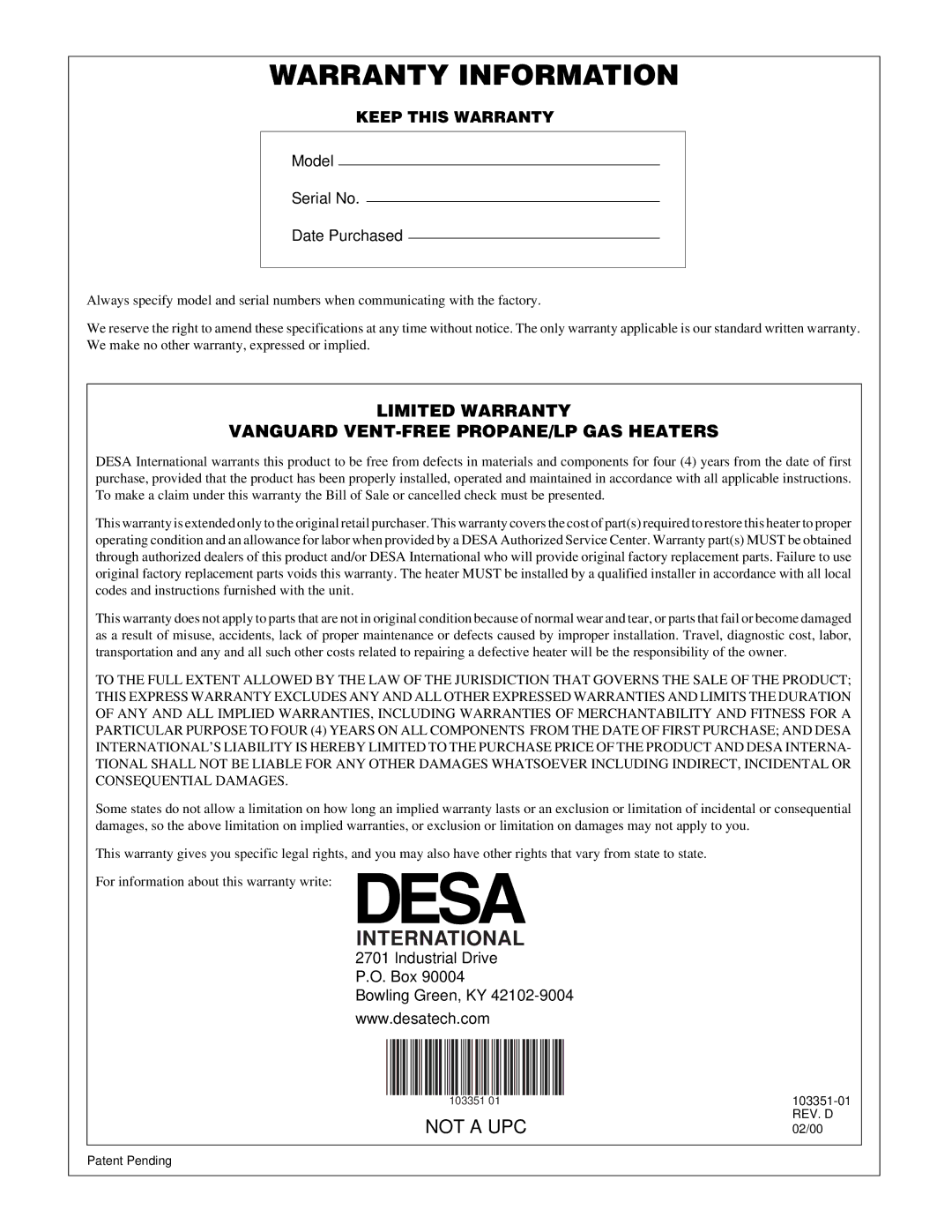 Desa VP1600E, VP2600E installation manual Warranty Information 