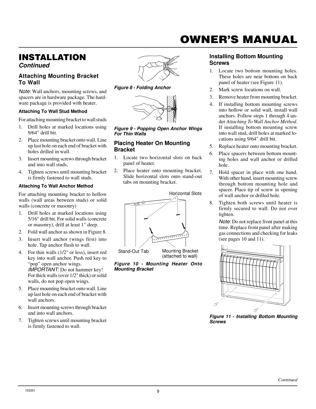 Desa VP2600E Attaching Mounting Bracket To Wall, Placing Heater On Mounting Bracket, Installing Bottom Mounting Screws 