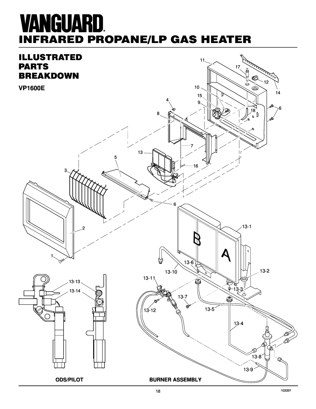 Desa VP1600E, VP2600E installation manual Illustrated Parts Breakdown, Infrared Propane/Lp Gas Heater, 103351 
