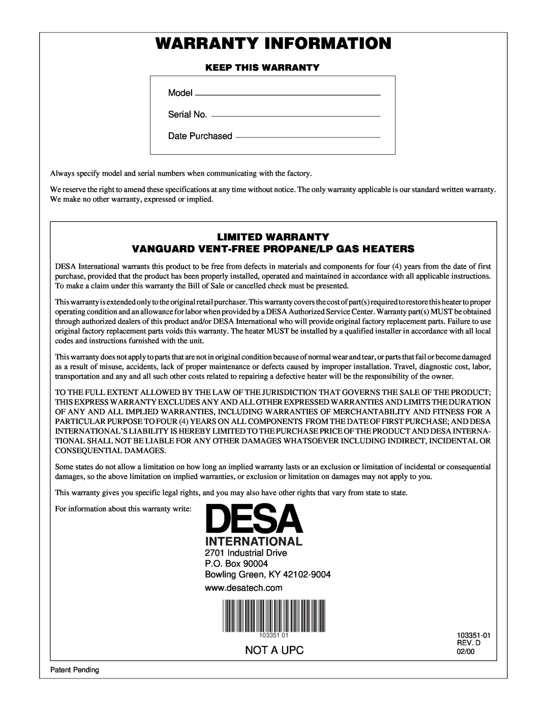 Desa VP1600E Warranty Information, International, Not A Upc, Limited Warranty, Vanguard Vent-Freepropane/Lp Gas Heaters 