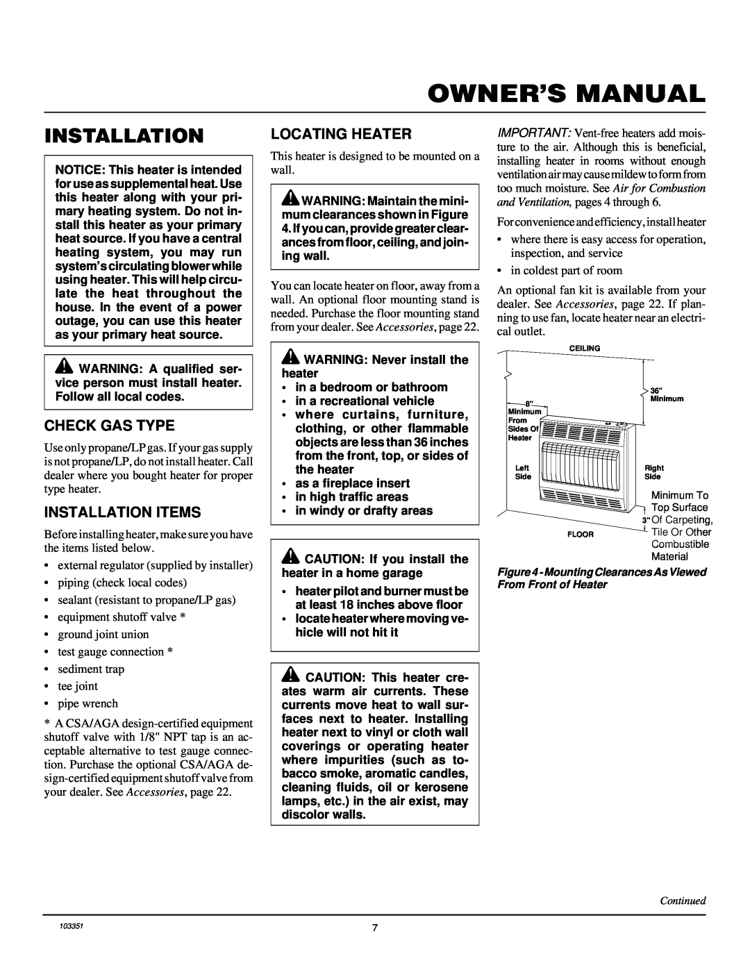 Desa VP2600E, VP1600E installation manual Locating Heater, Check Gas Type, Installation Items 