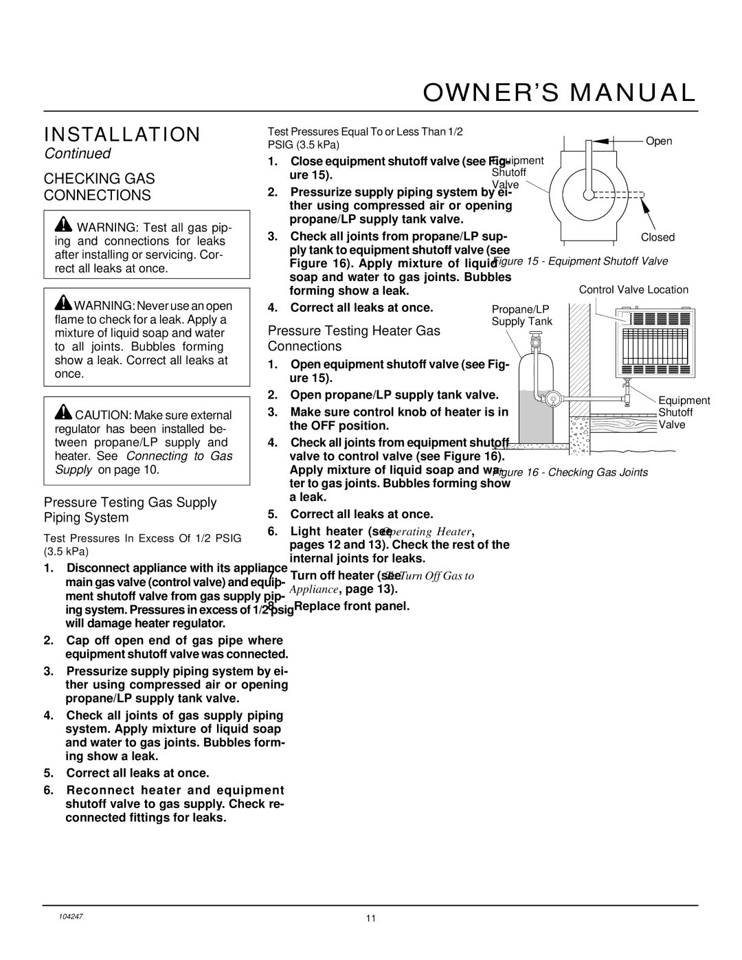 Desa VP1600ITB, VP2200ITB installation manual Checking GAS Connections, Pressure Testing Gas Supply Piping System 