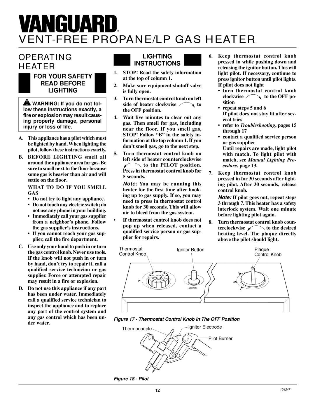 Desa VP2200ITB, VP1600ITB installation manual Operating Heater, For Your Safety Read Before Lighting, Lighting Instructions 