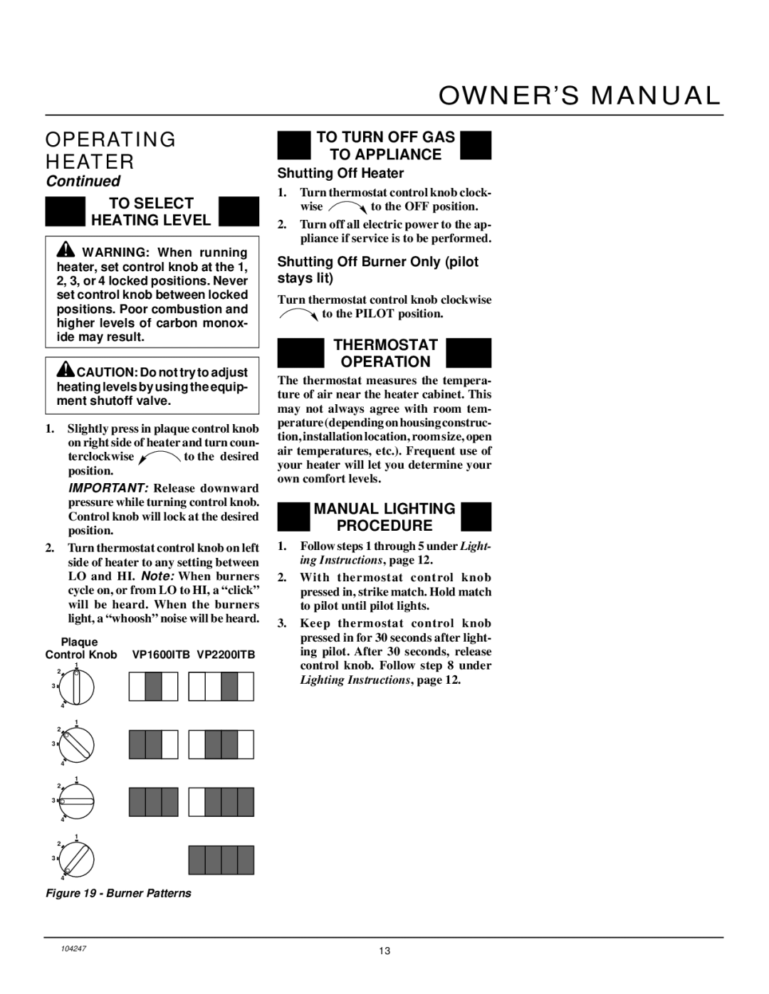 Desa VP1600ITB To Select Heating Level, To Turn OFF GAS To Appliance, Thermostat Operation, Manual Lighting Procedure 