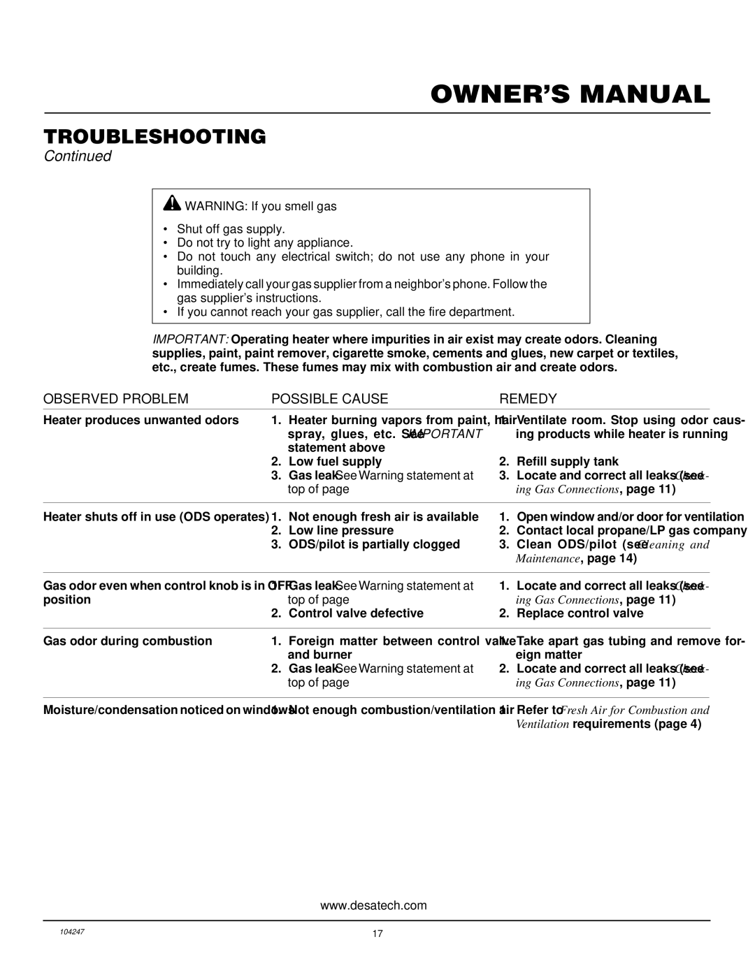 Desa VP1600ITB, VP2200ITB installation manual Gas leak. See Warning statement at 