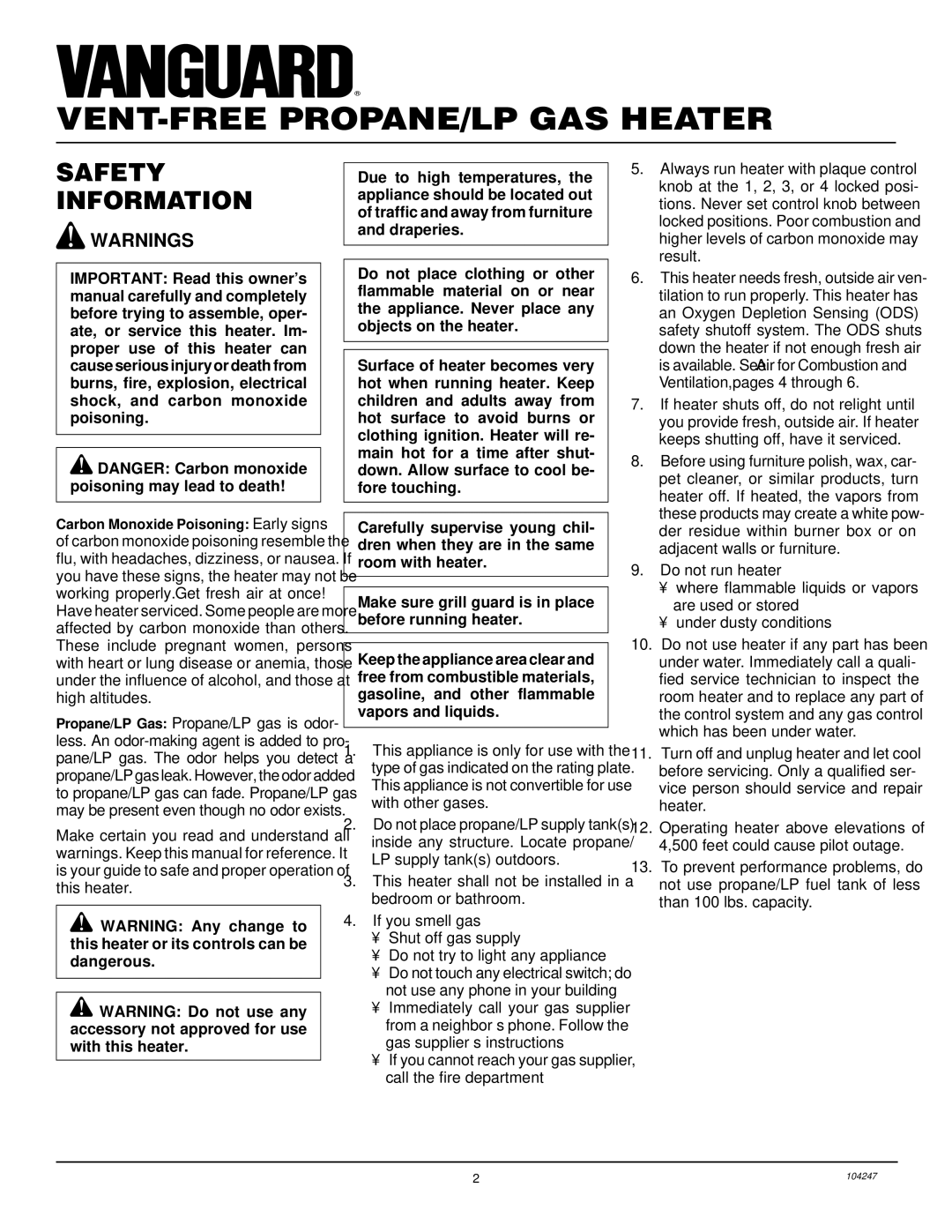 Desa VP2200ITB, VP1600ITB installation manual VENT-FREE PROPANE/LP GAS Heater, Safety Information 