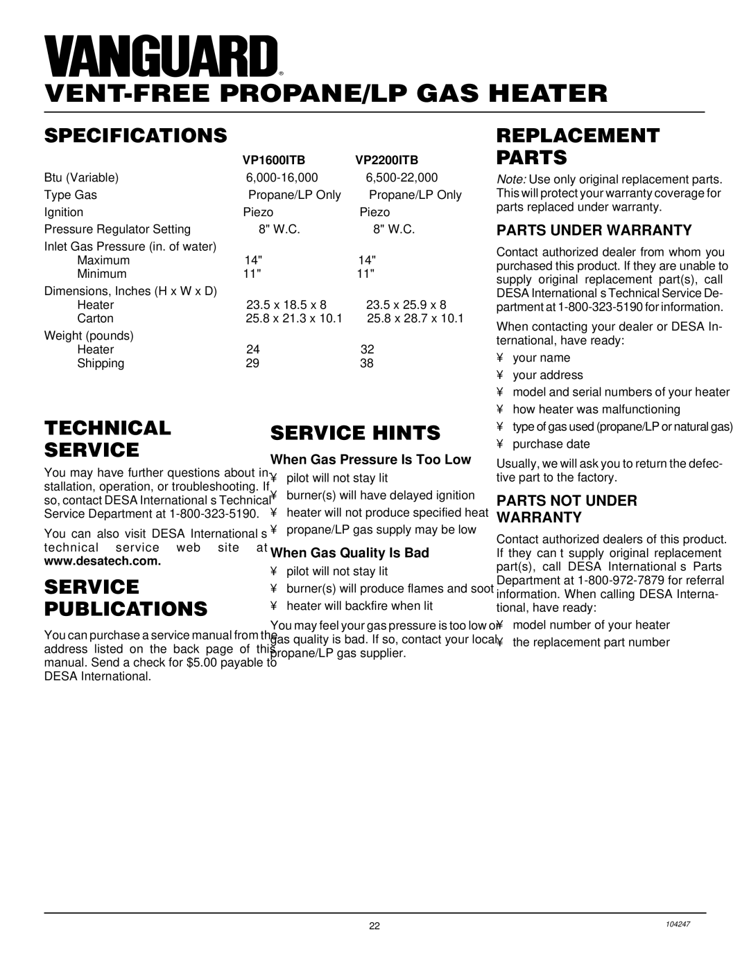 Desa VP2200ITB, VP1600ITB Specifications, Replacement Parts, Technical Service, Service Hints, Service Publications 